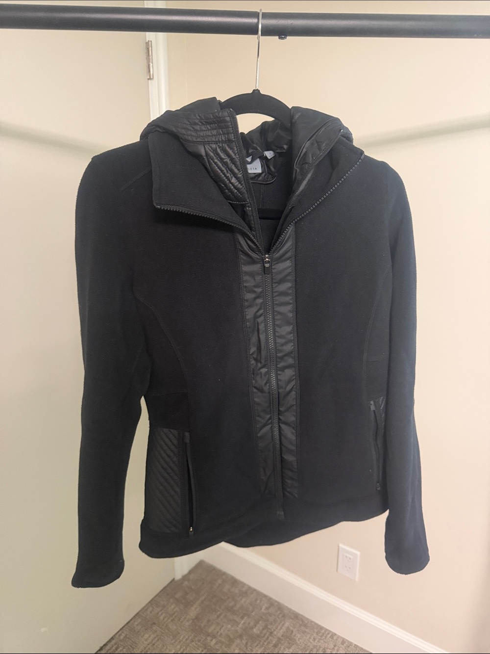 Athleta Black Hooded Bomber Jacket with Quilted Trim